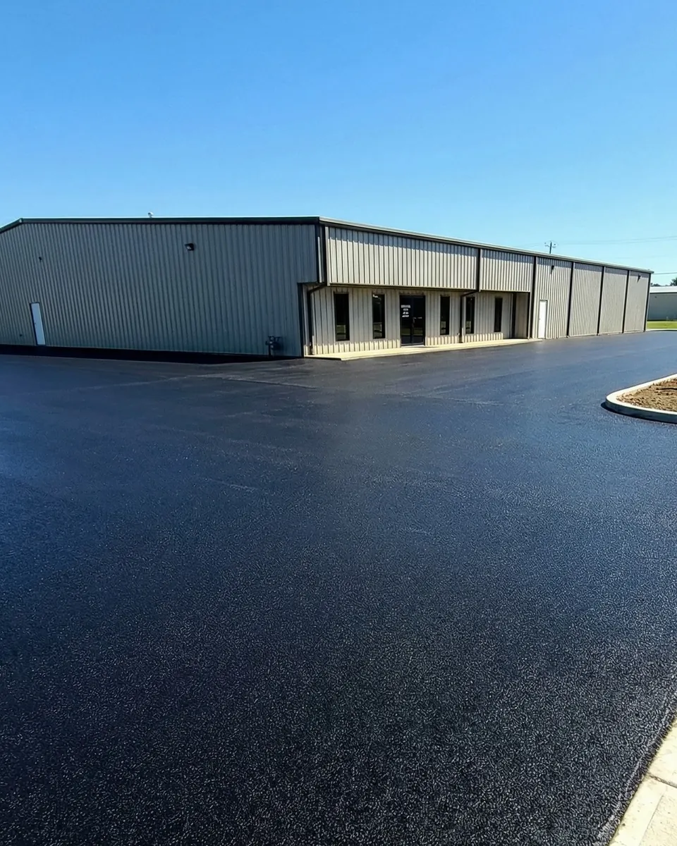 Freshly paved asphalt parking lot in front of a metal commercial building