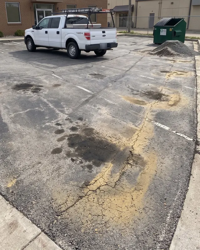 Stained, cracked office parking lot before paving
